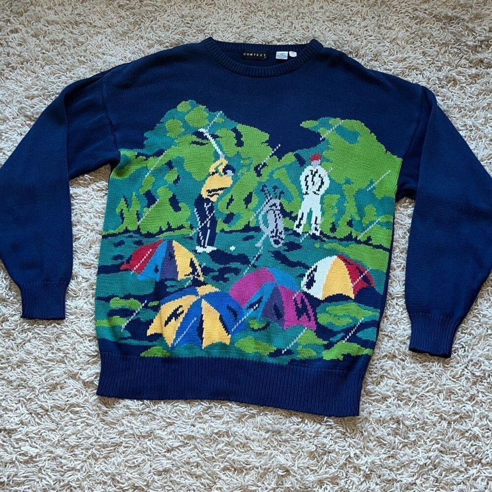Context Golfing Sweater Cotton Knit Allover Graphic Long Sleeve Mens Large/Tall